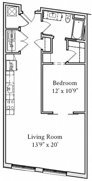 Floor plan for 1 bed, 1 bath, 767 sqft
